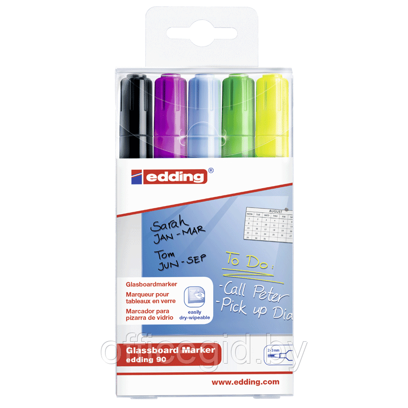 Набор маркеров по стеклу edding 90, смываемые, круглый наконечник, 2-3 мм, 5 цветов 5 цветов, (64 шт/уп) - фото 1 - id-p204671919
