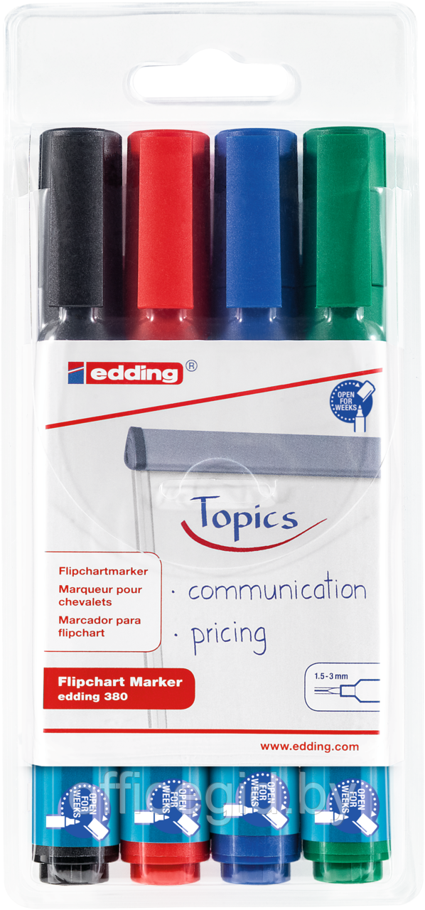 Набор маркеров для флипчартов edding 380 Cap-off, круглый наконечник, 1.5-3 мм, 4 цвета 4 цвета, (10 шт/уп) - фото 1 - id-p204671980