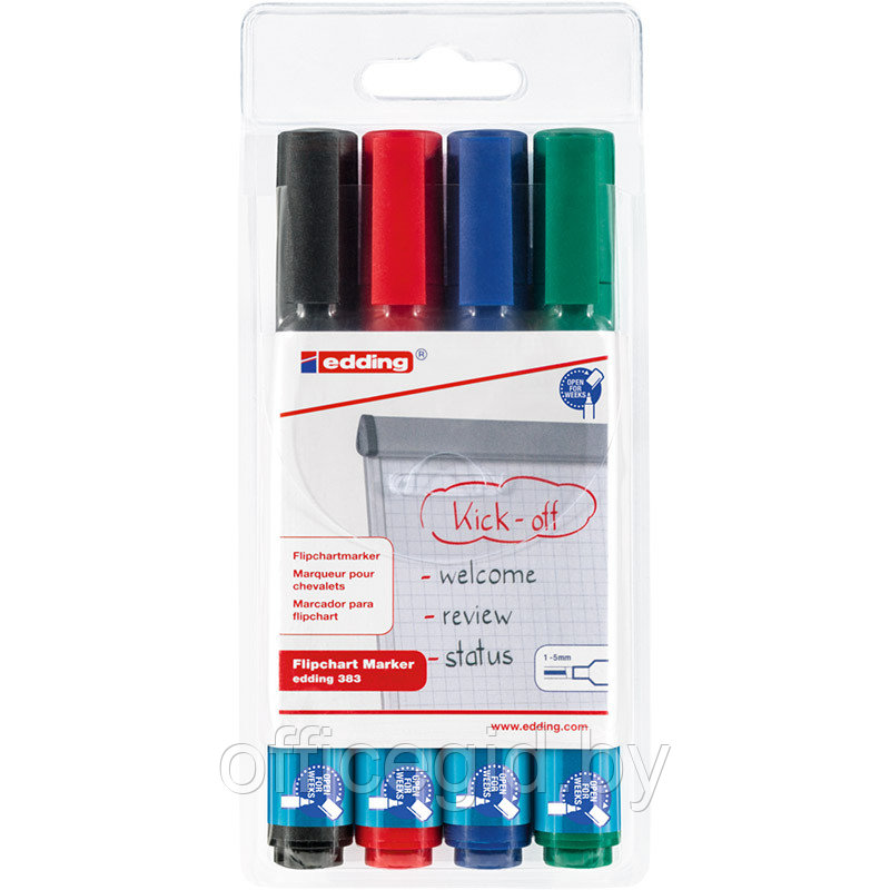 Набор маркеров для флипчартов edding 383 Cap-off, скошенный наконечник, 1-5 мм, 4 цвета 4 цвета, (10 шт/уп) - фото 1 - id-p204671985