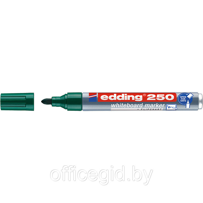 Маркер для белых досок edding 250 Cap-off, круглый наконечник, 1.5-3 мм Зеленый, (10 шт/уп) - фото 1 - id-p204671998