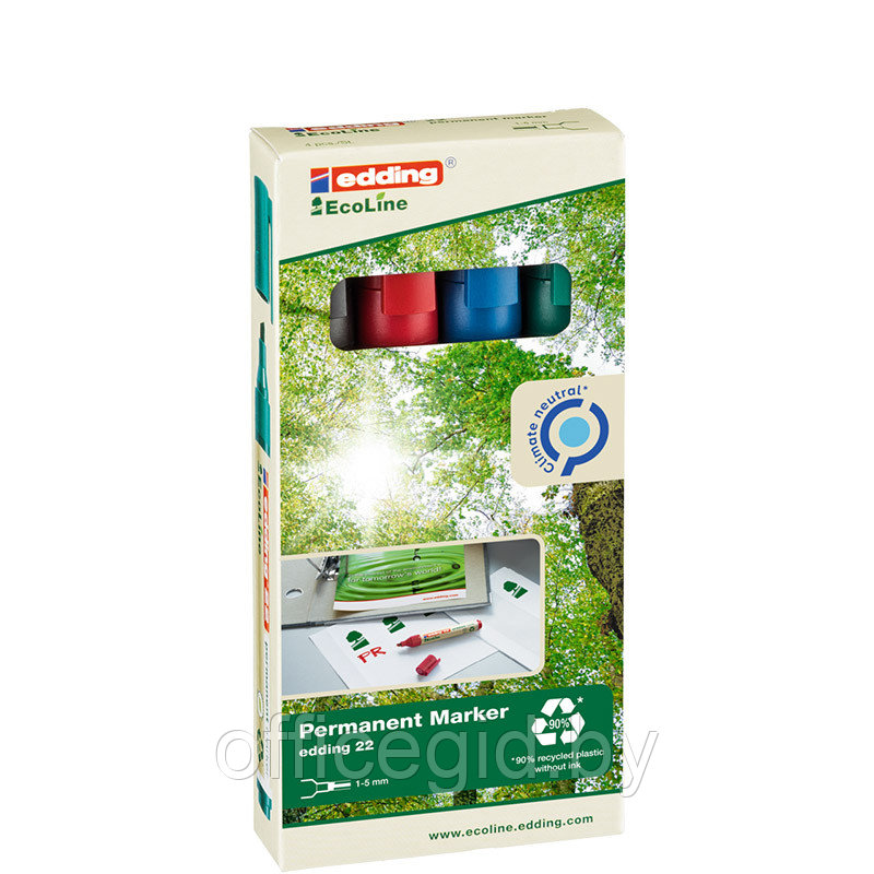Набор маркеров перманентных edding 22 EcoLine, скошенный наконечник,1-5 мм,4 цвета,картонная коробка 4 цвета, - фото 1 - id-p204672099