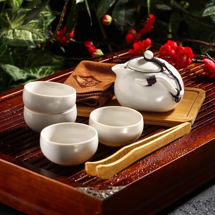 Набор для чайной церемонии керамический «Тясицу», 8 предметов: 4 пиалы 50 мл, чайник 120 мл, салфетка, щипцы, - фото 1 - id-p204701721