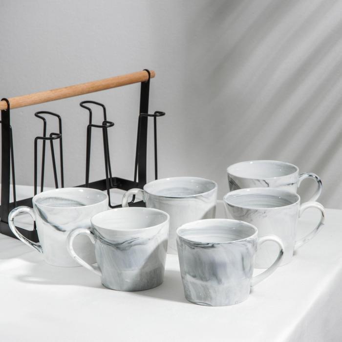 Набор кружек керамических на металлической подставке «Мрамор», 6 предметов: 390 мл, цвет серый - фото 2 - id-p204701999