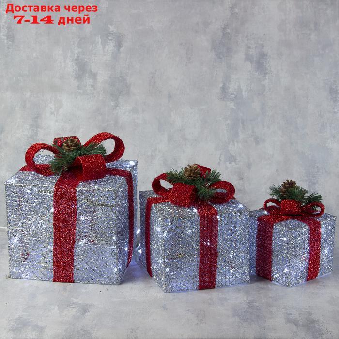Фигура текстиль "Подарки серебряные с красной лентой" 15х20х25 см, 60 LED, 220V, БЕЛЫЙ - фото 1 - id-p204704787