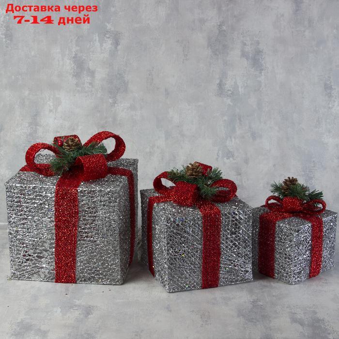 Фигура текстиль "Подарки серебряные с красной лентой" 15х20х25 см, 60 LED, 220V, БЕЛЫЙ - фото 2 - id-p204704787