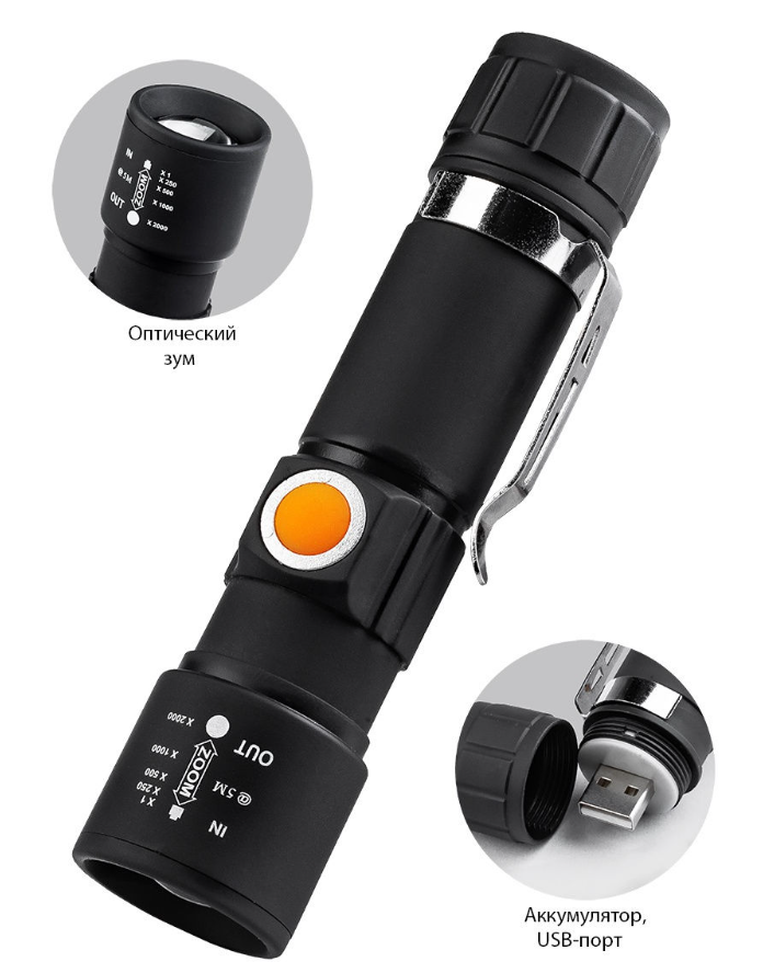 Светодиодный фонарь YYC-616-T6 с встроенным литиевым аккумулятором / USB-зарядка, ZOOM увеличение свечения / 3 - фото 6 - id-p204795340