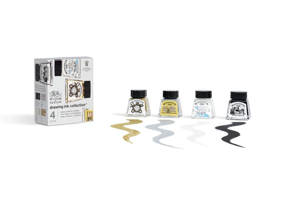 Набор чернил Winsor&Newton DRAWING INK 4 Black White Metallic Tones Set - фото 2 - id-p204804264