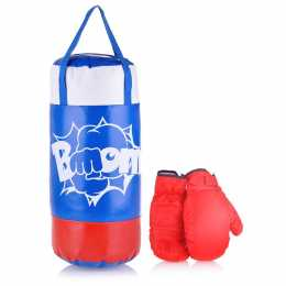 НАБОР для бокса: груша 50 см х Ø20 см. (тент) с перчатками. Цвет синий+красный. Принт "BOOM".