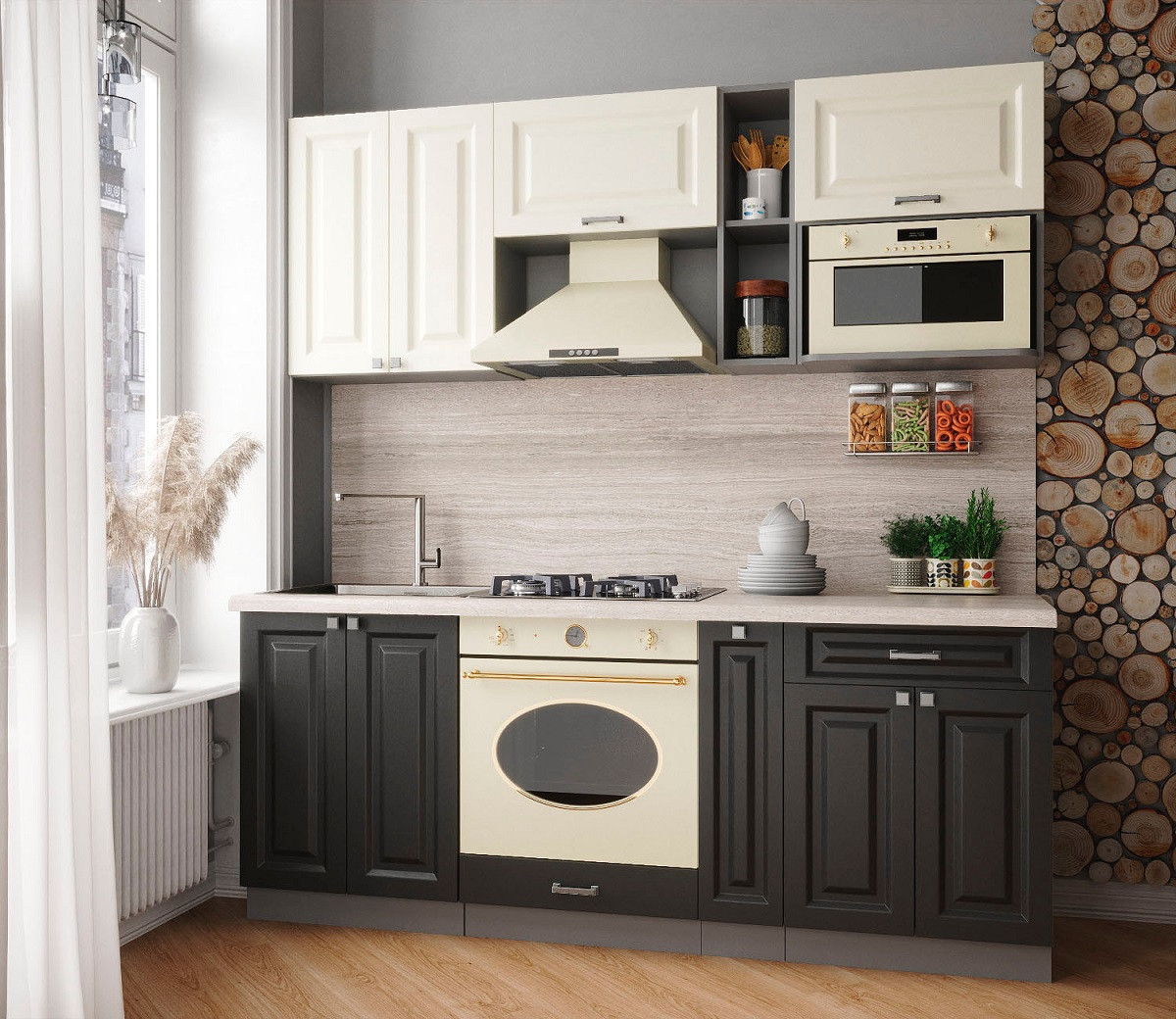 Кухня Мила Деко 2.0м Слоновая кость-Пепел