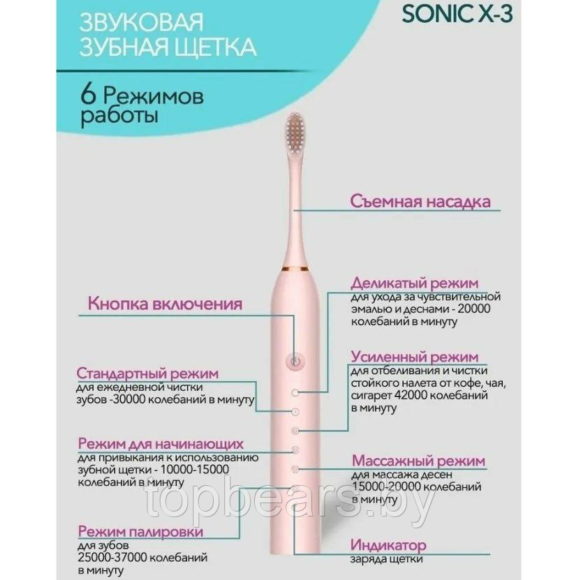 Электрическая зубная щётка Sonic toothbrush x-3 Розовый корпус - фото 2 - id-p205281533