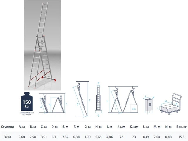 Лестница алюм. 3-х секц. 250/631/264см 3х10 ступ., 15,3кг PRO STARTUL (ST9942-10)