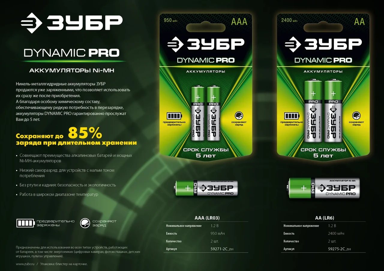 Аккумулятор ЗУБР DYNAMIC PRO 1.2В ААА-950мАч Ni-Mh, 2шт. - фото 1 - id-p205285970