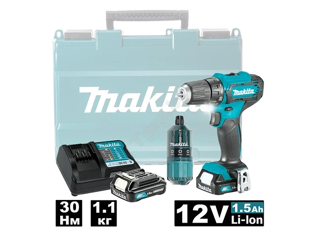 Аккум. дрель-шуруповерт MAKITA DF 333 DWYE в чем. + набор бит (12.0 В, 2 акк., 1.5 А/ч Li-Ion, 2 скор., 30 Нм, - фото 1 - id-p197437332