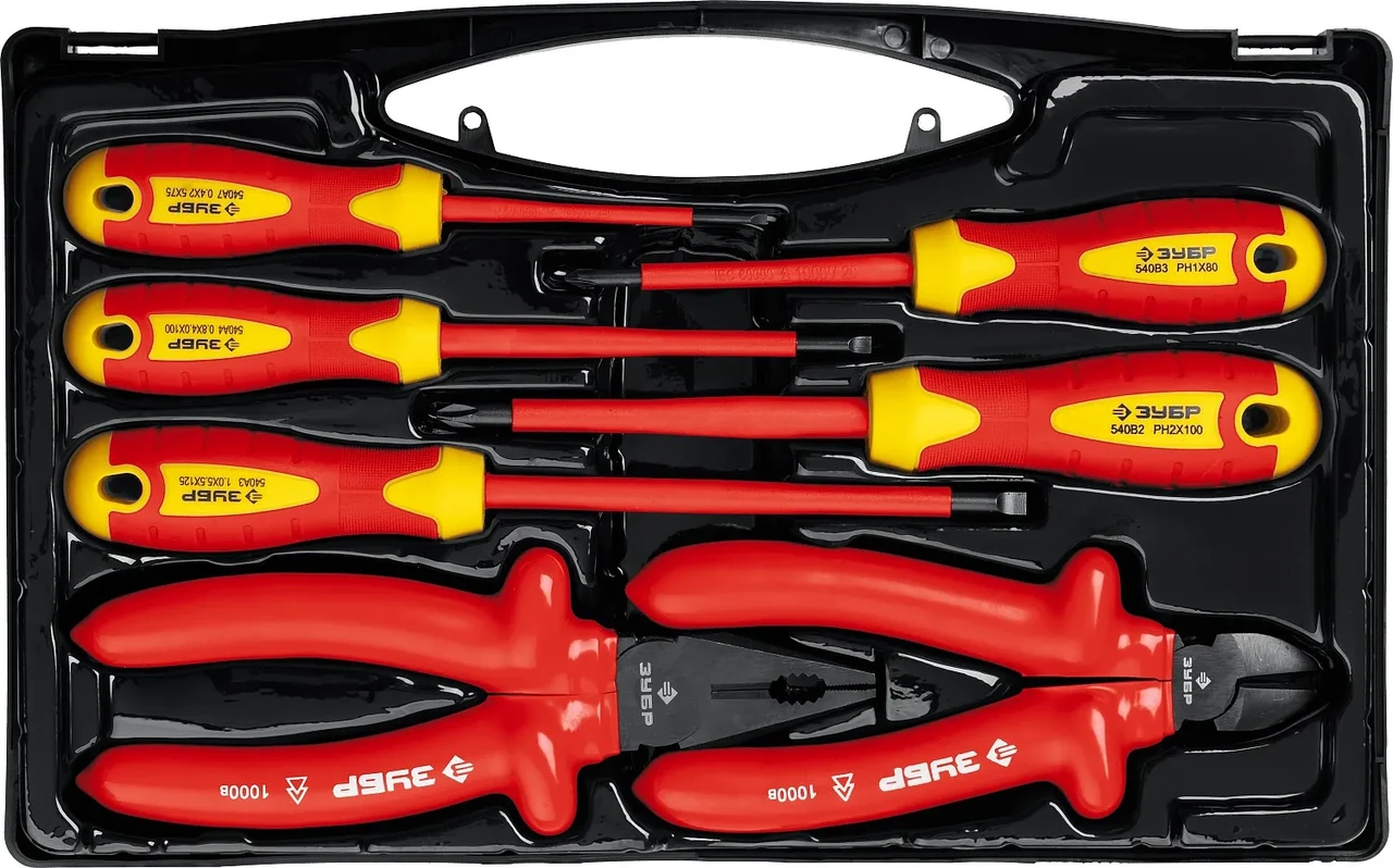 Набор: Губцевый инструмент, диэлектрический, высоковольтный до ~1000В, маслобензостойкая рукоятка, 7предм,