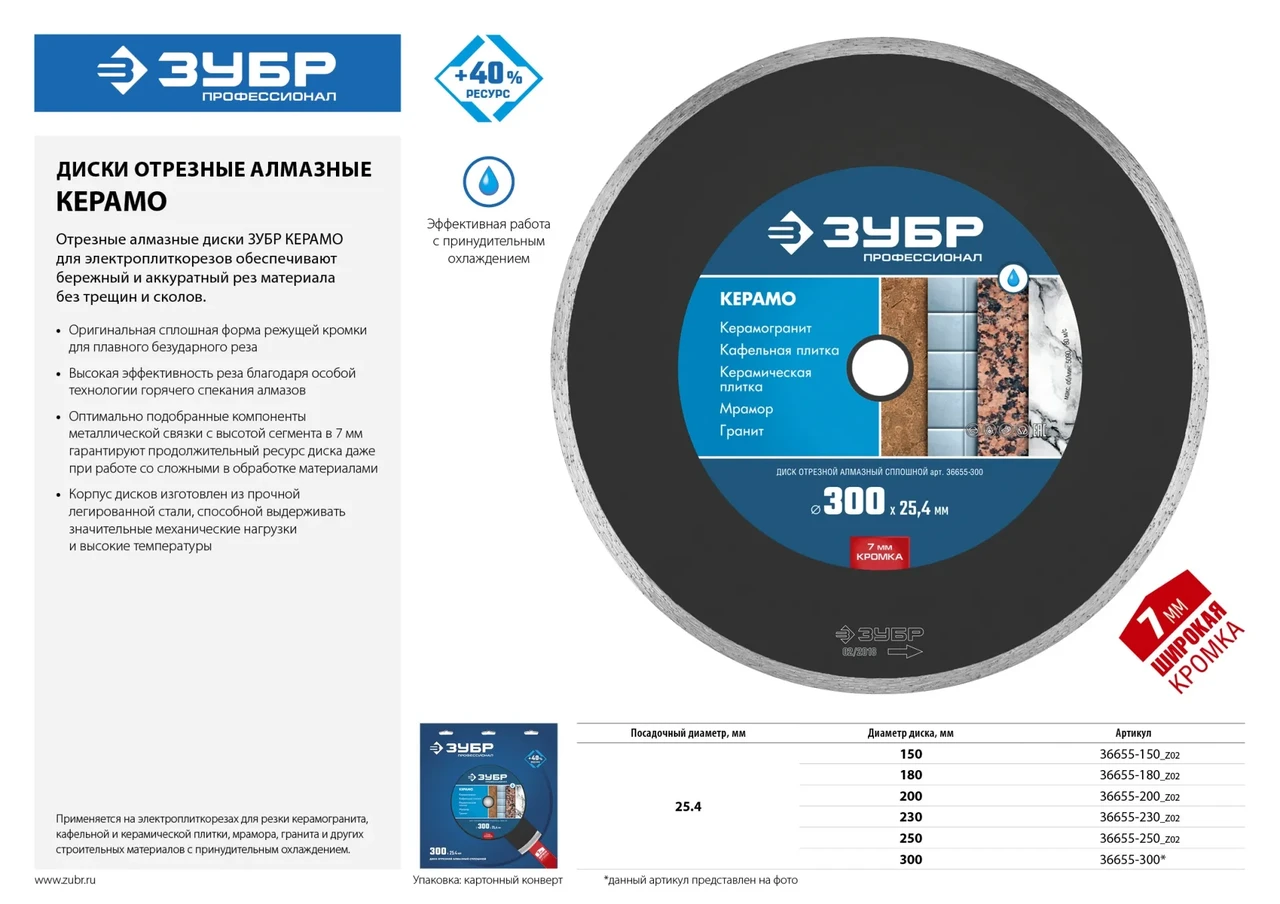 КЕРАМО-25 180 мм, диск алмазный отрезной сплошной по керамограниту, мрамору, плитке, ЗУБР Профессионал - фото 1 - id-p205285453