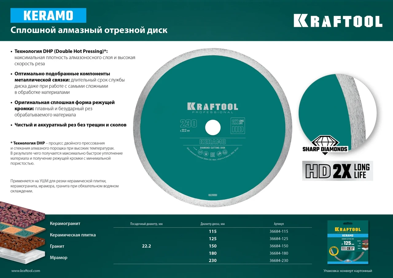 KERAMO 230 мм, диск алмазный отрезной сплошной по керамограниту, керамической плитке, KRAFTOOL - фото 1 - id-p205285462