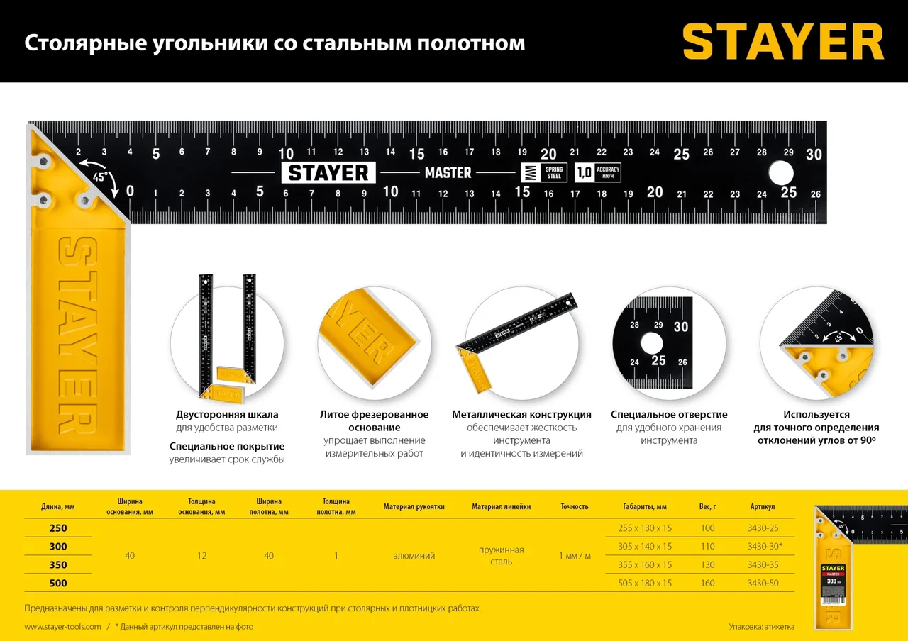 STAYER 250 мм столярный угольник со стальным полотном - фото 1 - id-p205290408