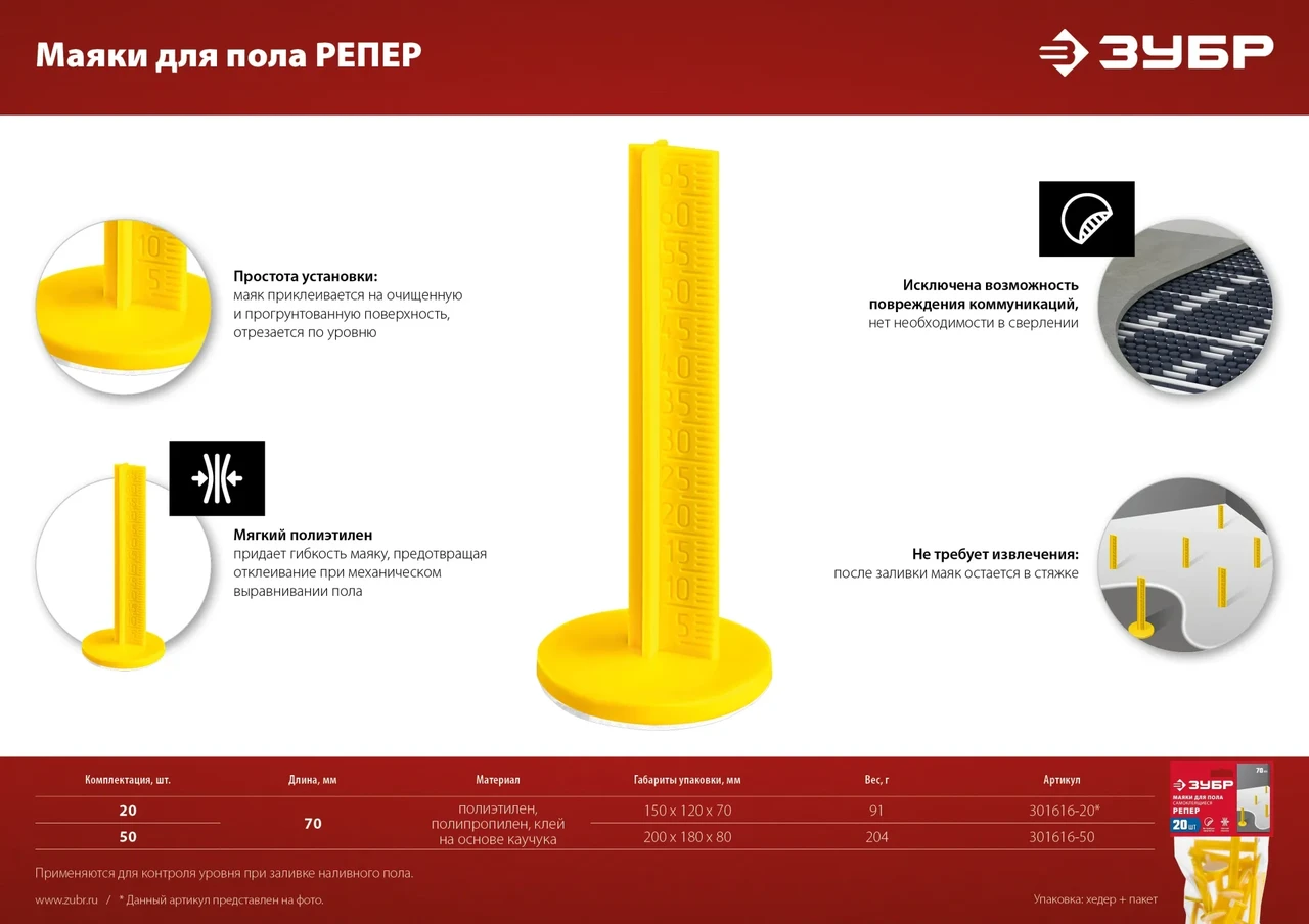 Маяки для пола ЗУБР, 70 мм, самоклеящиеся, 20 шт, РЕПЕР