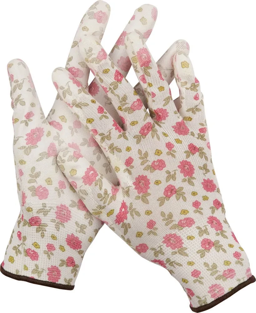 Садовые перчатки GRINDA, прозрачное PU покрытие, 13 класс вязки, бело-розовые, размер L - фото 1 - id-p205299744