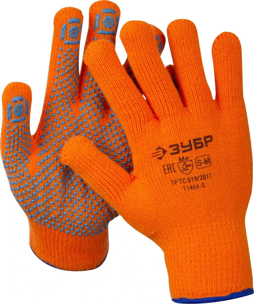 Утеплённые перчатки ЗУБР АНГАРА, акрил с начёсом, покрытие ПВХ (точка), сигнальный цвет, размер S-M - фото 1 - id-p205299846