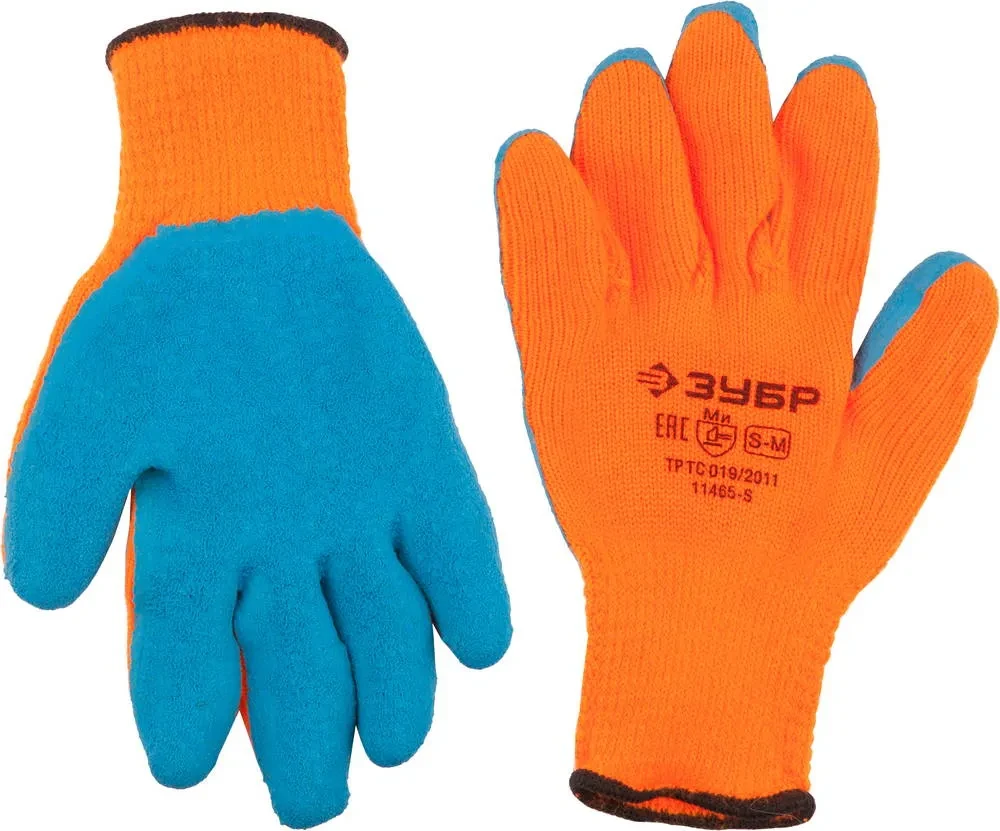 Утеплённые перчатки ЗУБР УРАЛ, акрил, рельефное латексное покрытие, сигнальный цвет, размер S-M - фото 1 - id-p205299848