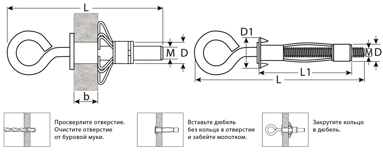 Анкер МОЛЛИ для пустотелых материалов, с кольцом, 8 мм x M4 x 32мм, 100 шт, оцинкованный, ЗУБР - фото 1 - id-p205285592