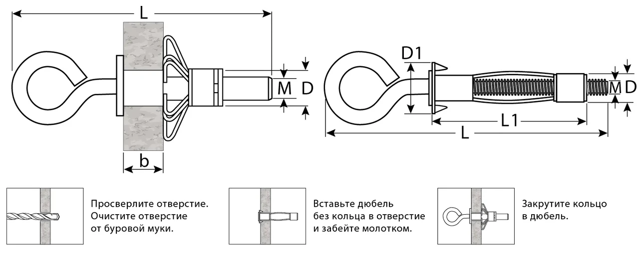 Анкер МОЛЛИ для пустотелых материалов, с кольцом, 11 мм х M5 x 52 мм, 80 шт, оцинкованный, ЗУБР