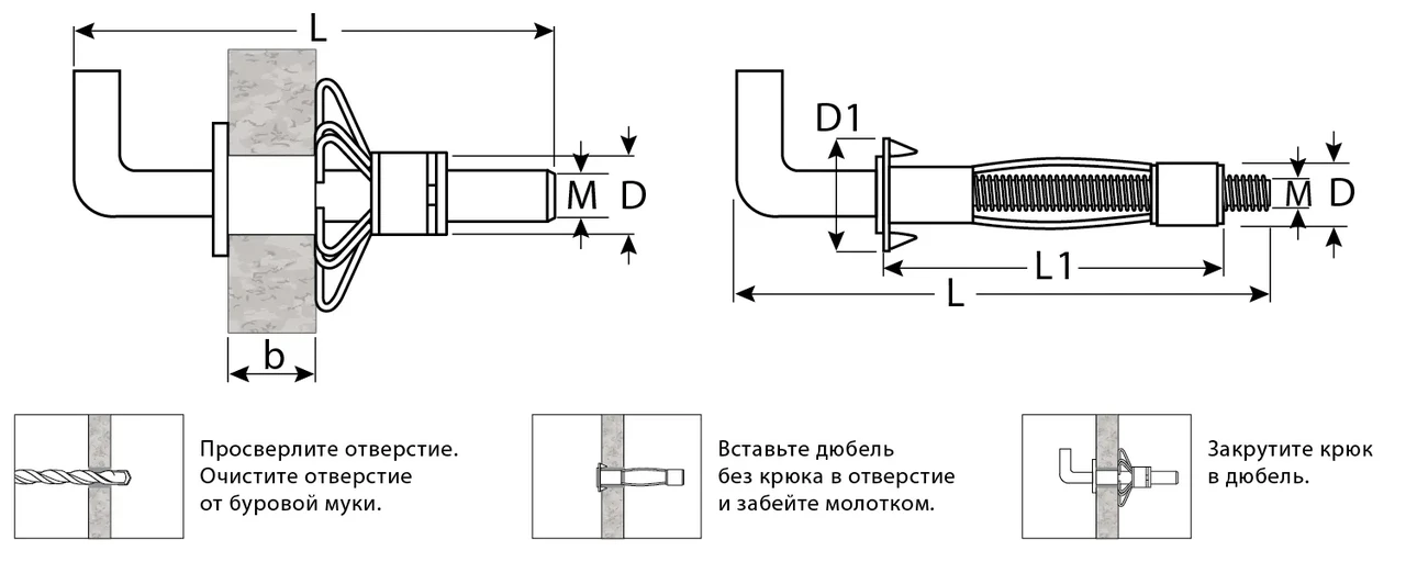 Анкер МОЛЛИ для пустотелых материалов, с крюком, 11 мм х M5 x 52 мм, 80 шт, оцинкованный, ЗУБР - фото 1 - id-p205285595