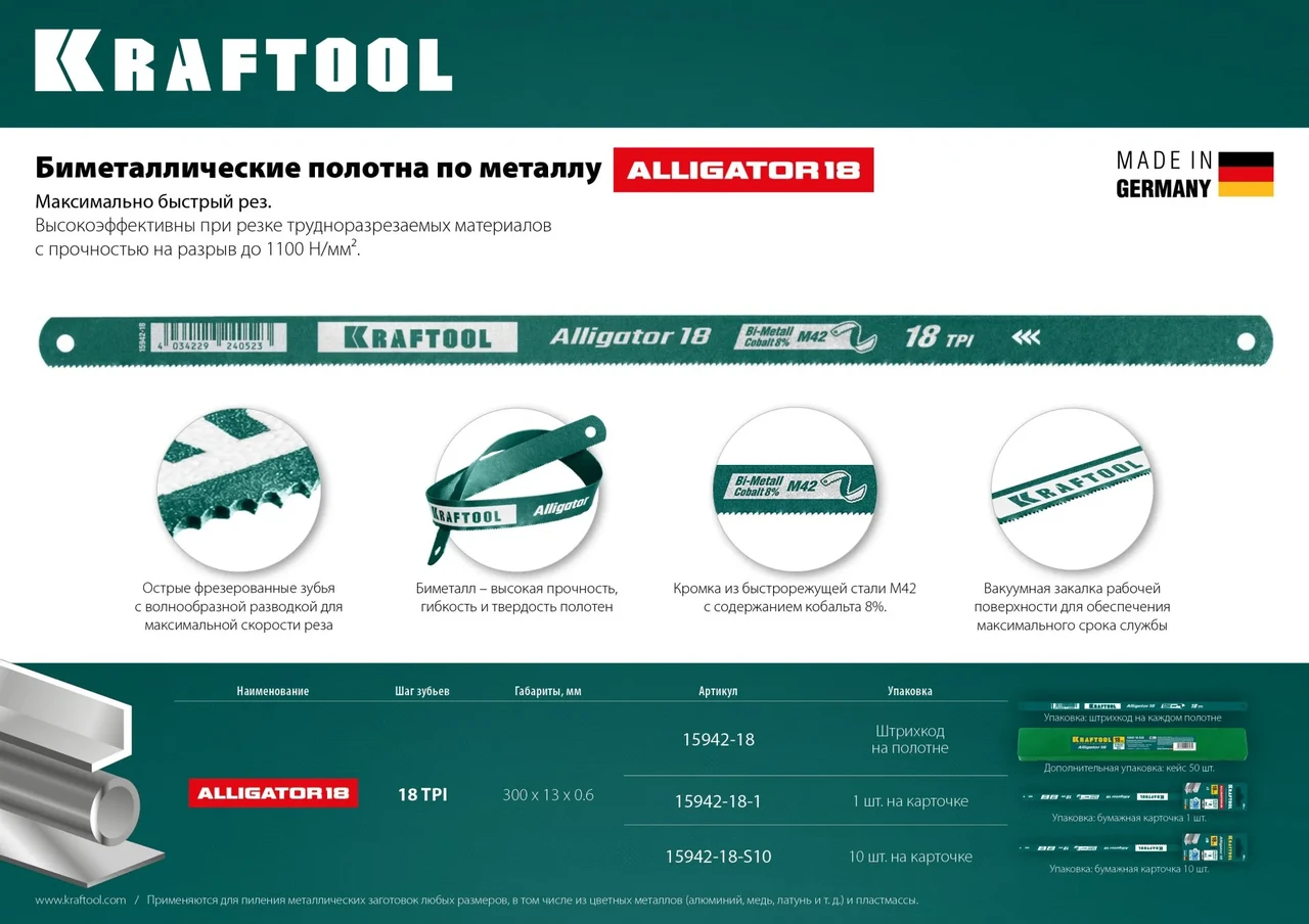 Биметаллическое гибкое полотно по металлу KRAFTOOL 18 TPI, быстрый рез, 300 мм, волнообразная разводка, 10 шт, - фото 1 - id-p205297727