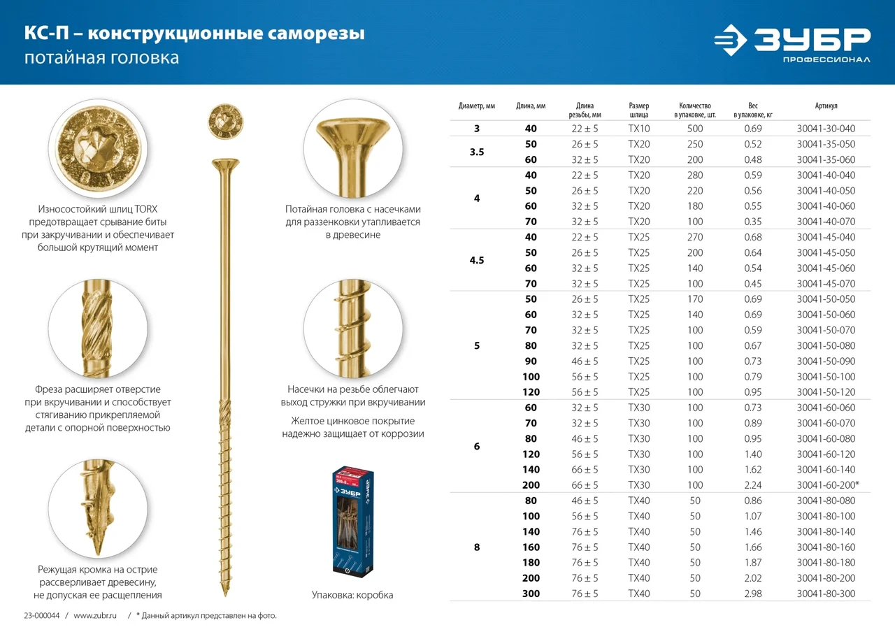 Конструкционные саморезы КС-П 100 х 8.0 мм, 50 шт., желтый цинк, ЗУБР - фото 1 - id-p205303525