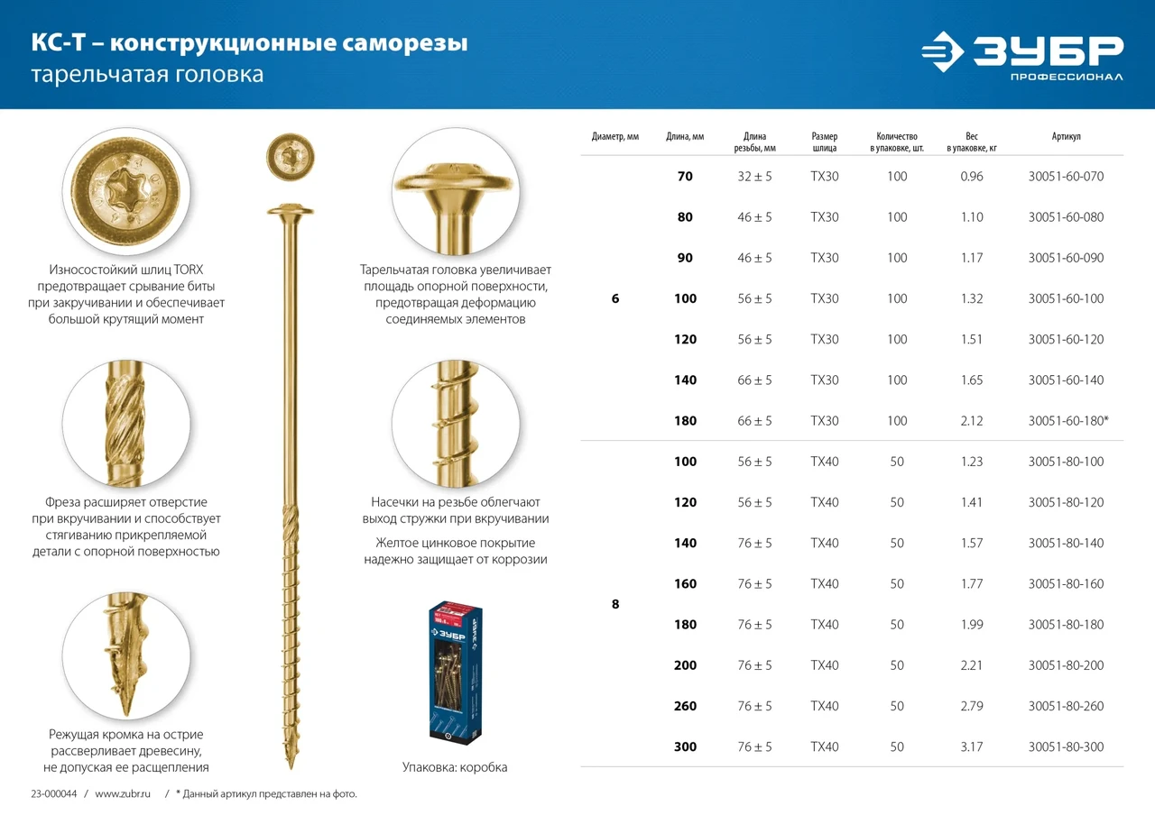 Конструкционные саморезы КС-Т 100 х 8.0 мм, 50 шт., желтый цинк, ЗУБР - фото 1 - id-p205303532