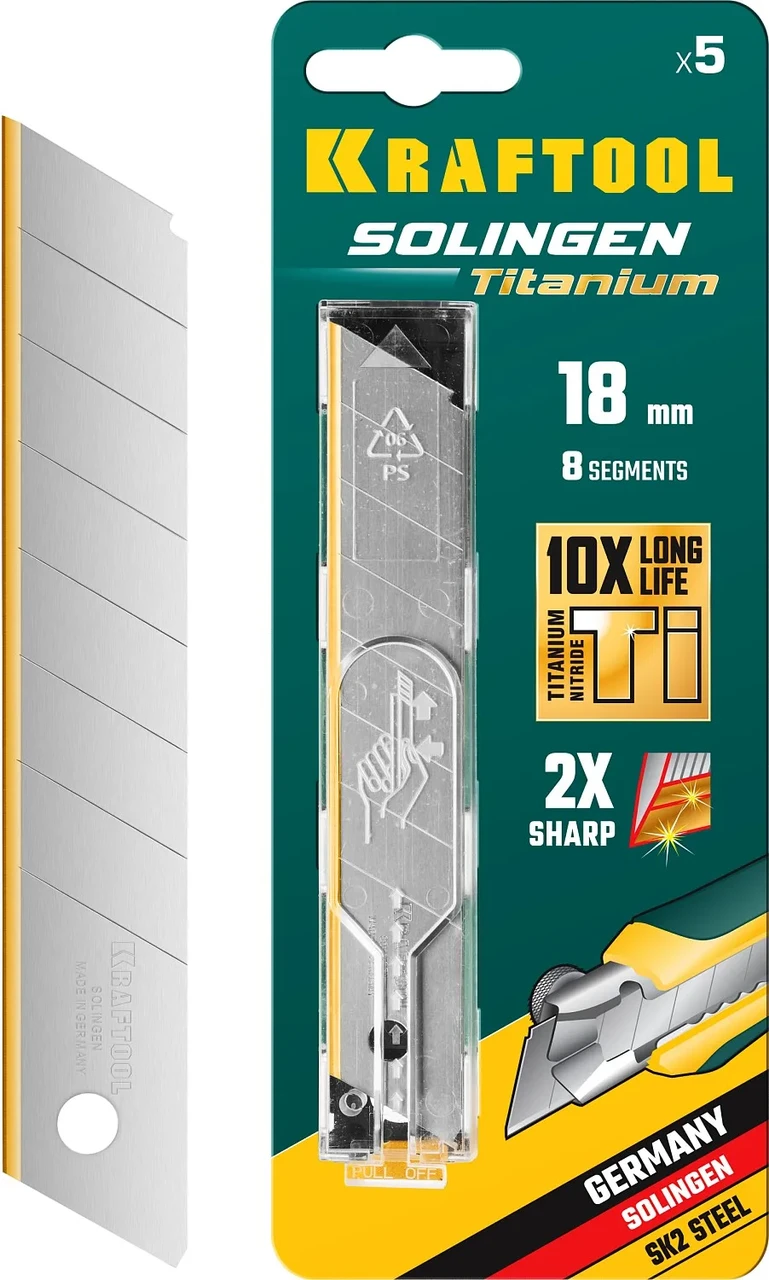 KRAFTOOL SOLINGEN Titanium 18 мм лезвия сегментированные с покрытием TiN, 8 сегментов, 5 шт - фото 1 - id-p205293879