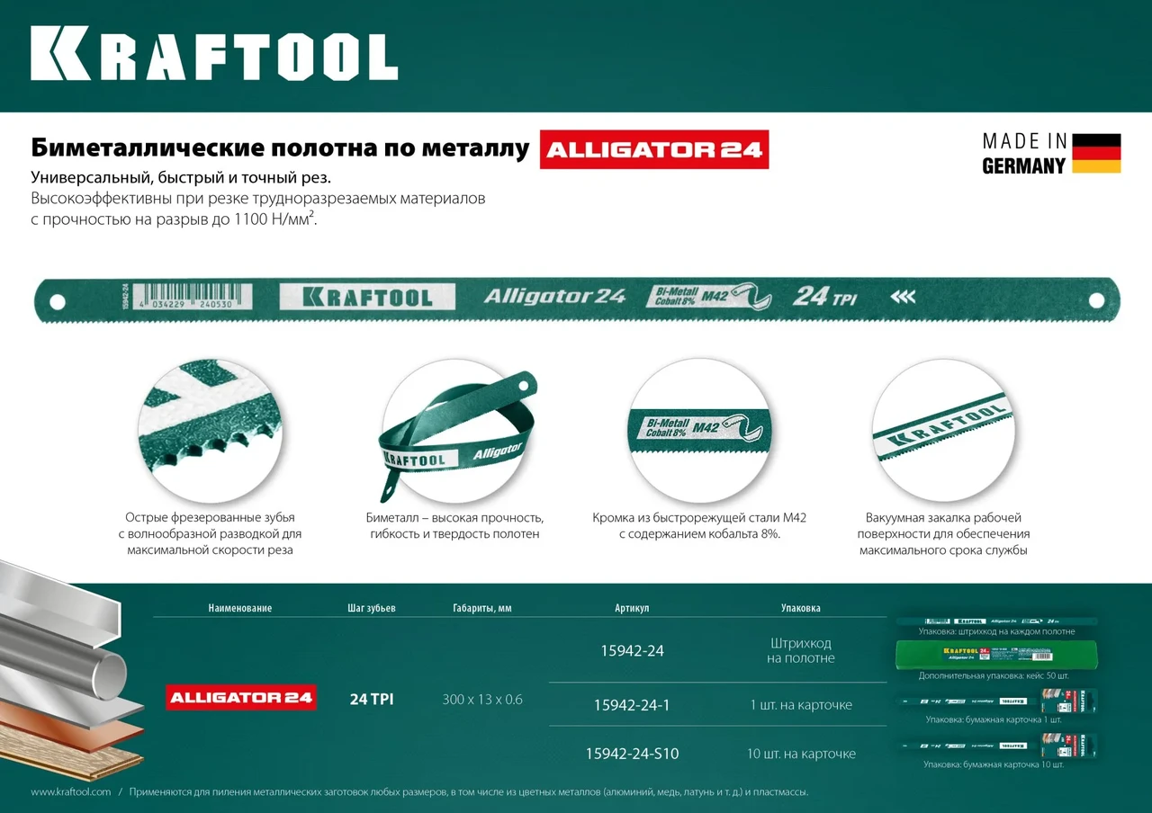 Биметаллическое гибкое полотно по металлу KRAFTOOL 24 TPI, быстрый рез, 300 мм, волнообразная разводка, 1 шт, - фото 1 - id-p205297764