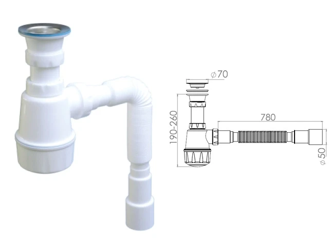 Сифон для кухни с прикручивающимся выпуском 70мм, с гибкой трубой 1 1/2" - 40/50мм, AV Engineering - фото 1 - id-p197442884