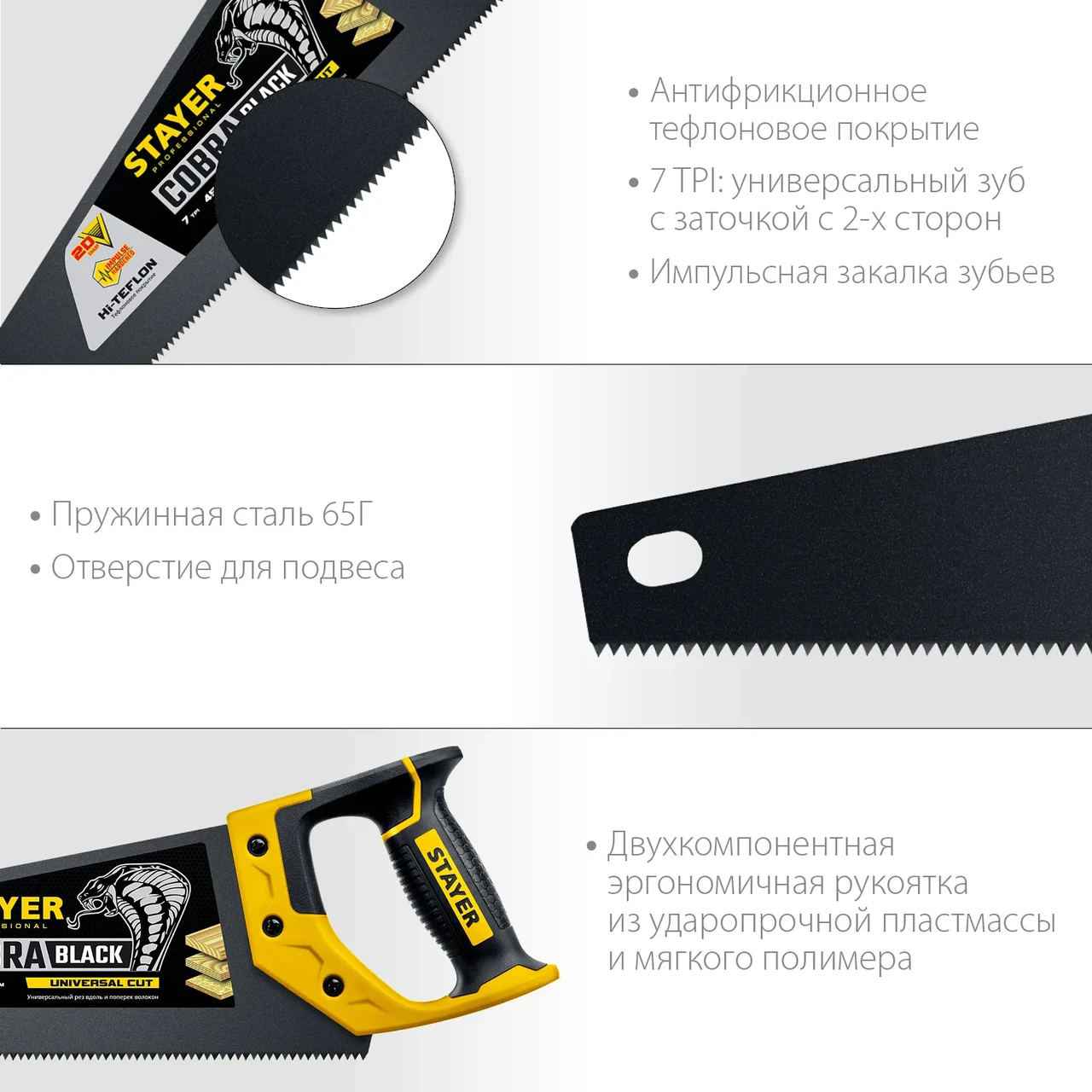 Ножовка универсальная (пила) Cobra BLACK 450 мм, 7TPI, тефлон покрытие, рез вдоль и поперек волокон, для - фото 1 - id-p205297856