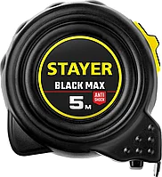 STAYER BlackMax 5м / 25мм рулетка в ударостойком полностью обрезиненном корпусе и двумя фиксаторами