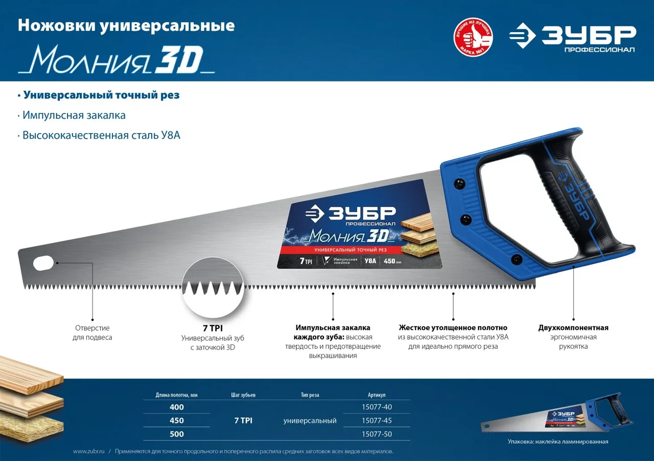 Ножовка универсальная (пила) МОЛНИЯ-3D 500мм, 7TPI, 3D зуб, точный рез вдоль и поперек волокон, для средних - фото 1 - id-p205297868