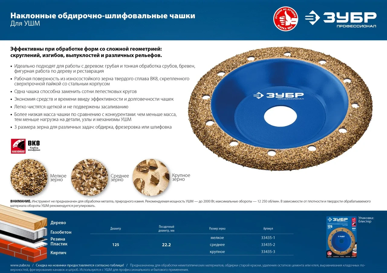 ЗУБР №3 Наклонная обдирочно-шлифовальная чашка, крупное зерно ВК8, 125 мм