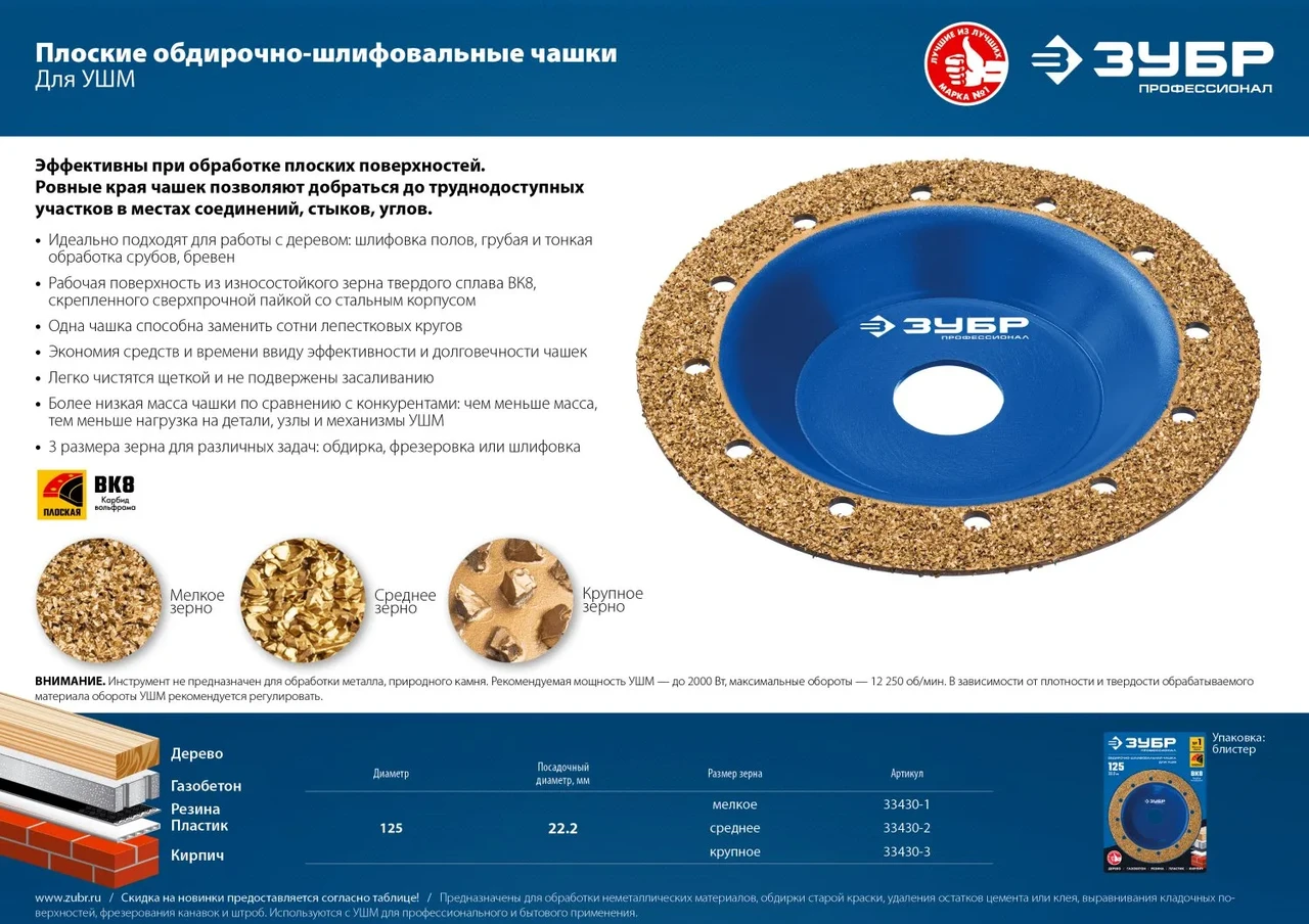 ЗУБР №3 Плоская обдирочно-шлифовальная чашка, крупное зерно ВК8, 125 мм