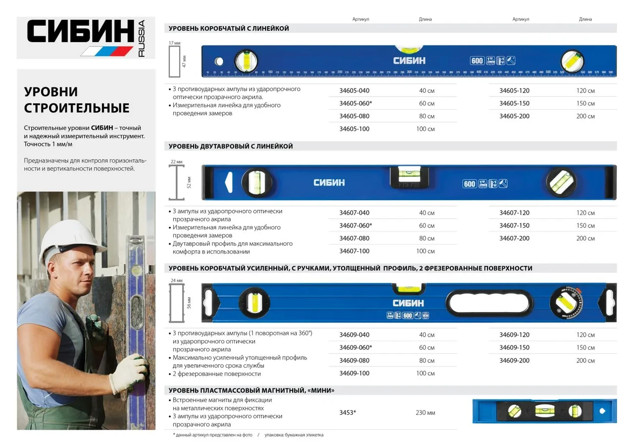 Уровень СИБИН коробчатый усиленный, утолщенный профиль, 2 фрезерованные поверхности, 3 противоударных ампулы - фото 1 - id-p205310191