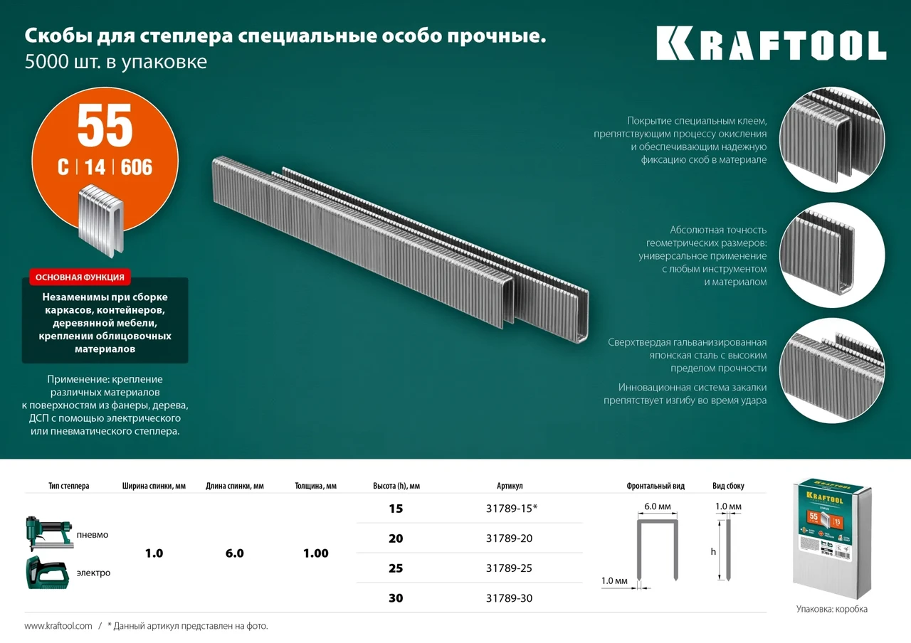KRAFTOOL 20 мм скобы для степлера узкие тип 55, 5000 шт - фото 1 - id-p205306360