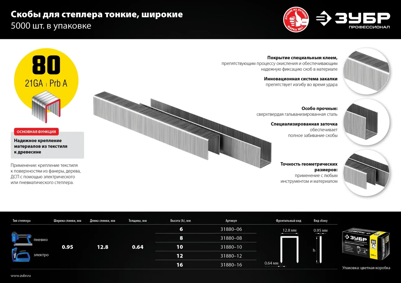 ЗУБР 6 мм скобы для степлера тонкие широкие тип 80, 5000 шт - фото 1 - id-p205306427