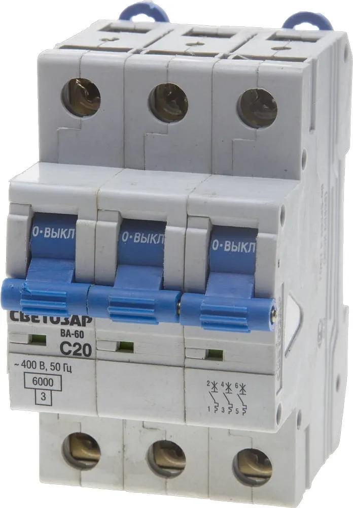 Выключатель автоматический СВЕТОЗАР 3-полюсный, 20 A, ″C″, откл. сп. 6 кА, 400 В