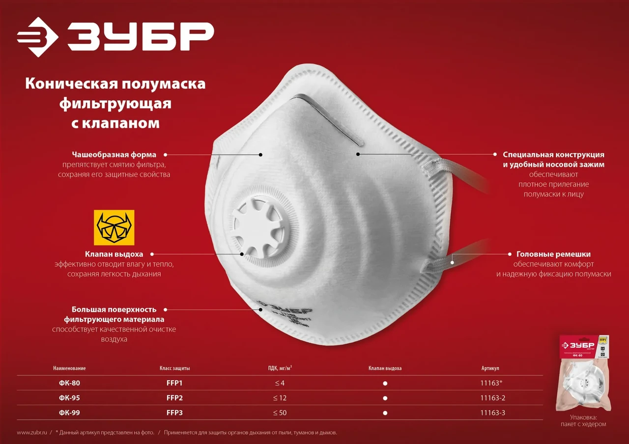 Коническая фильтрующая полумаска ЗУБР ФК-95, класс защиты FFP2, с клапаном выдоха - фото 1 - id-p205294537