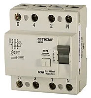Выключатель дифференциальный УЗО СВЕТОЗАР, 4-полюсный, 63 A, AC , откл.диф.ток. 300 мА, 400 В