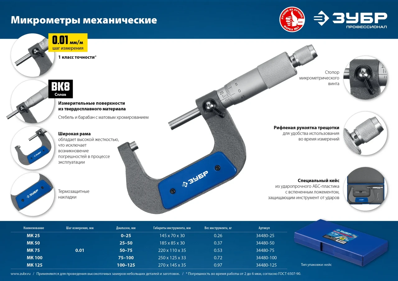 Микрометр ЗУБР Профессионал гладкий механический, МК 100, диапазон 75-100мм, шаг измерения 0,01мм - фото 1 - id-p205311983