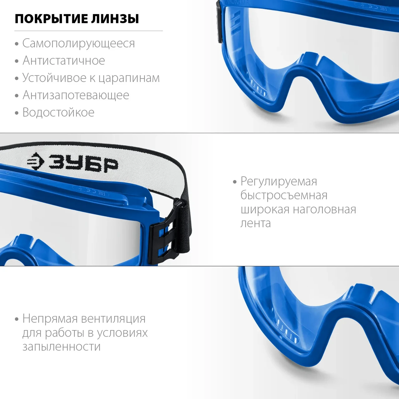 Панорамные защитные очки ЗУБР ПРОФИ 7, химическистойкая ацетатная линза, закрытого типа с непрямой вентиляцией - фото 1 - id-p205306942