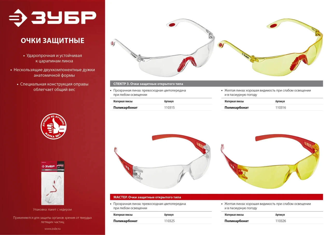 Защитные прозрачные очки ЗУБР СПЕКТР 3 широкая монолинза, открытого типа - фото 1 - id-p205306947