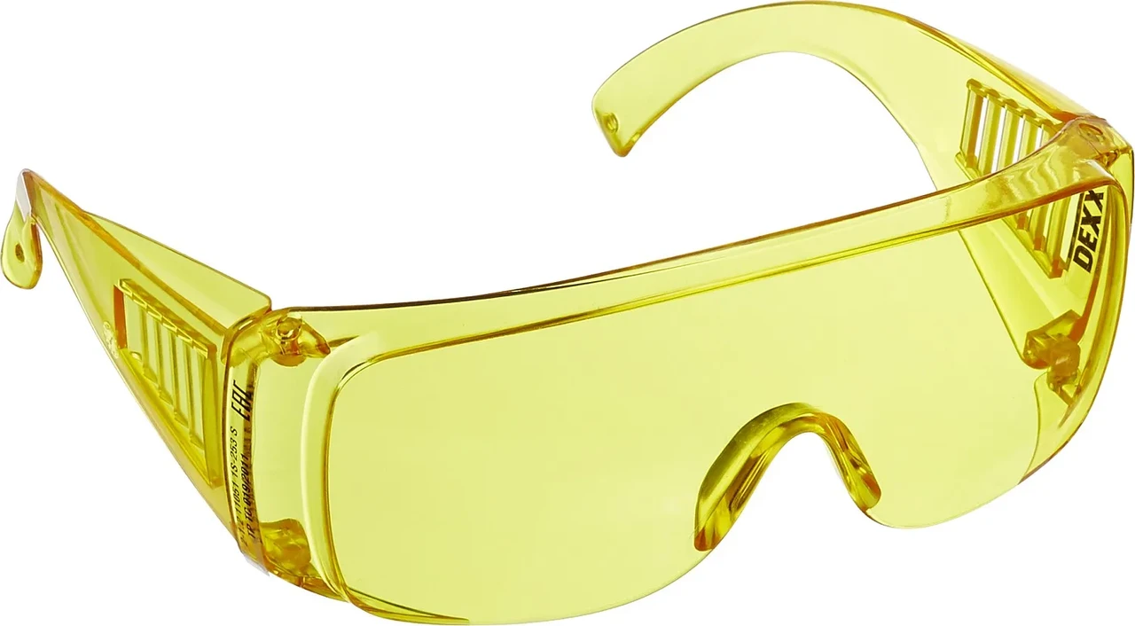 Защитные жёлтые очки DEXX широкая монолинза с дополнительной боковой защитой и вентиляцией, открытого типа - фото 1 - id-p205306970