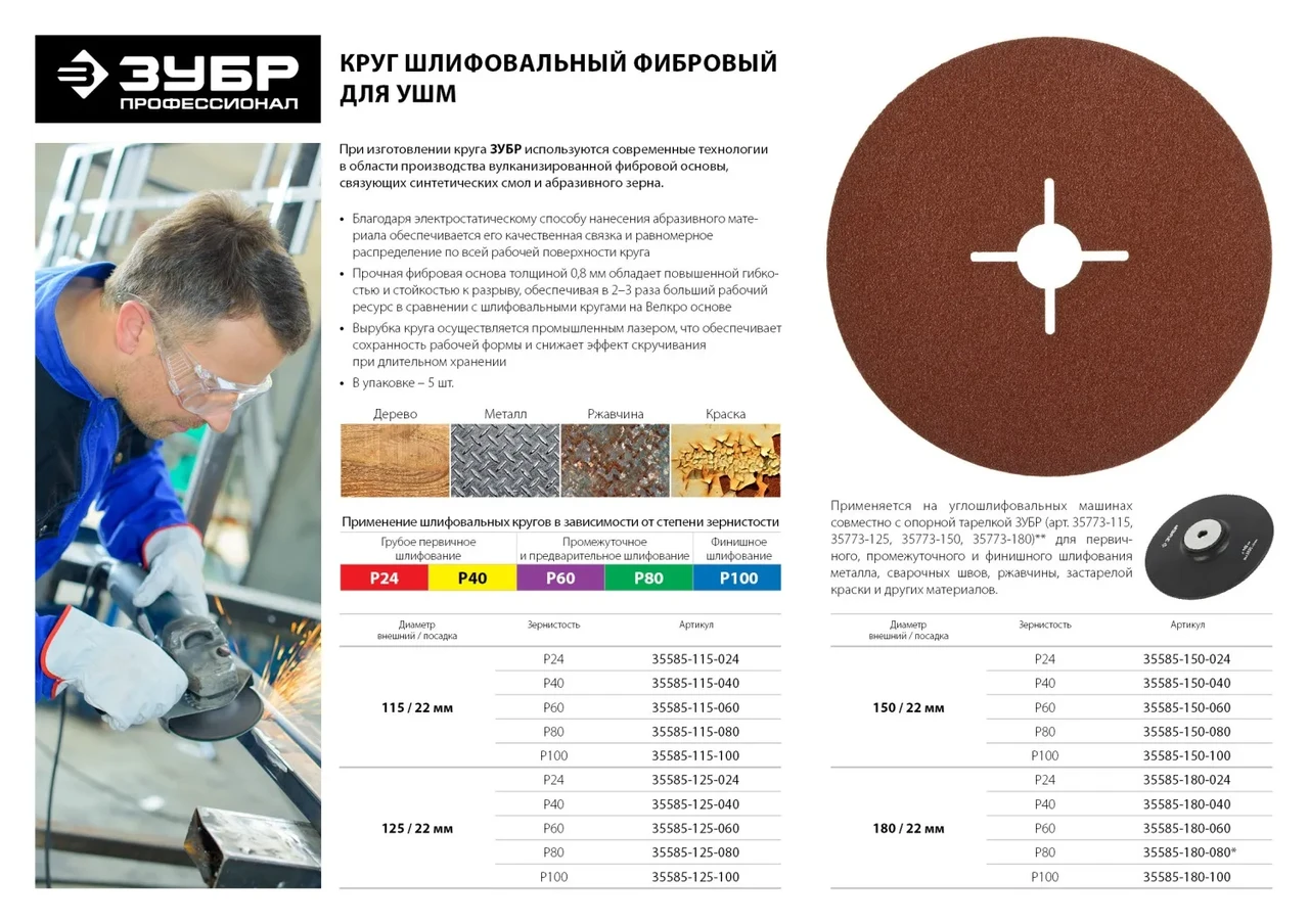 Круг шлифовальный ЗУБР ПРОФИ фибровый, для УШМ, P60, 125х22мм, 5 листов - фото 1 - id-p205311439